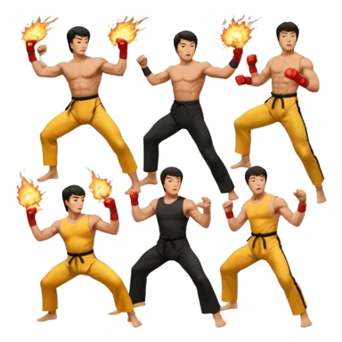 Collage of Arnold Schwarzenegger, Sylvester Stallone, Bruce Lee, and Jackie Chan in intense action poses, surrounded by explosions, martial arts moves, weapons, and fast-paced stunts. The design should capture the high energy and heroism of classic action films. Transparent background. sticker
