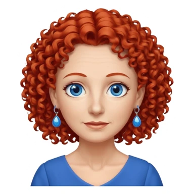 una profesora mayor simpática con el pelo rojo rizado, ojos azules, vestido azul y pendientes azules hablando altura completa sticker