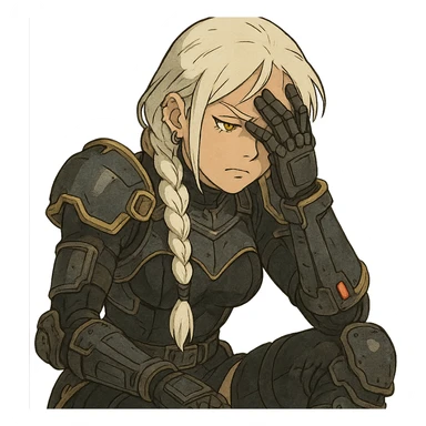  she is wearing armor, maximum power , facepalm smh, a closeup portrait of young woman with gold yellow eyes, white hair, long braid, black off-shoulder top d-cup, punk gothic style, futuristic cyberwave cyberpunk, sitting position sticker