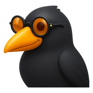 Make the bird emoji more emoji-like but keep the detailed, slightly cartoonish style of the reference. Smooth out the feather texture just a bit, add a subtle emoji shine, and keep the orange beak and round sunglasses. Bird looking to the left. No background. sticker