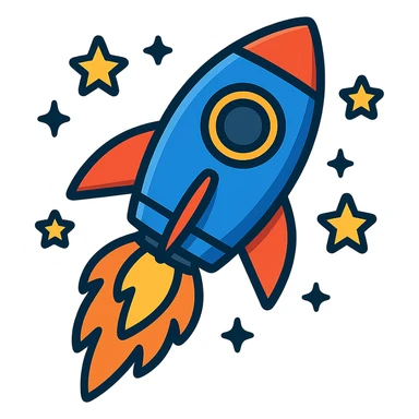rocket ship with flames and stars around it sticker