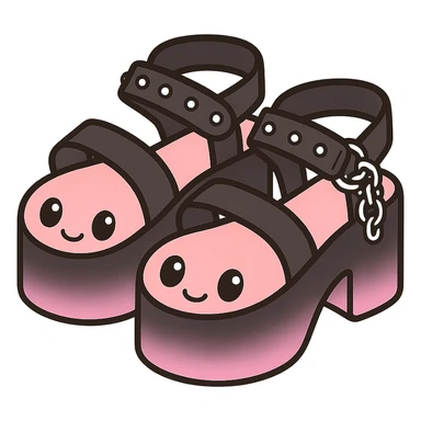 Add a gradient effect from black to pastel pink on the platform sandals with silver studs and chains, kawaii style, no socks, no hearts, transparent background sticker