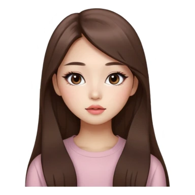 “korean straight long brown hair Emoji girl, soft eyeliner and blush, gradient lips, light brown shimmer eyeshadow sticker
