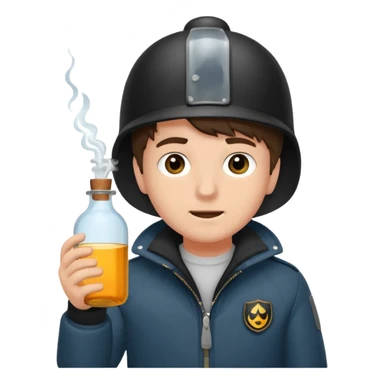 erstell ein bild Von eine jungen der braune augen hat eine sturmhaube trägt und eine Jacky flasche in der Hand hebt plus eine Jacke mit schwarzen fell sticker