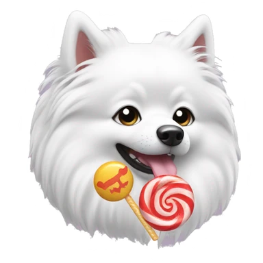 Japanese spitz dog eating candy sticker
