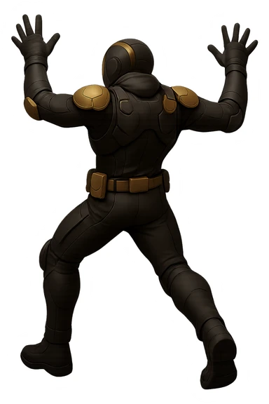 Edit the image of the armored soldier to show him from the rear view, standing with his arms flailing (not falling). Keep the original style and colors consistent. Use a transparent background. sticker