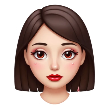“Emoji brunette girl, dewy skin, heavy blush across cheeks and nose bridge, glossy cherry lips, soft eyeliner, teary sparkling eyes sticker