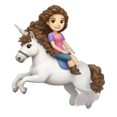 A brunette girl with breaded hair ride a unicorn on a rainbow sticker