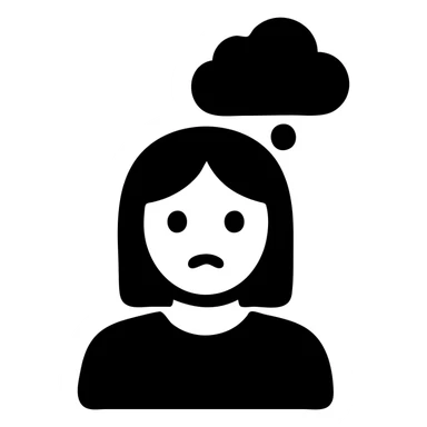 female character with a thinking cloud above her head, simple flat icon style sticker