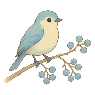 pastel bird perched on a branch with berries, soft blue and cream tones, ghibli style sticker