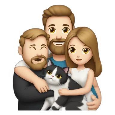 Family photo a fat husband with a beard is holding a white cat and wife with straight hair is holding a black cat sticker