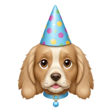 Light Beige cocker spaniel, light blue eyes, wearing a party hat sticker