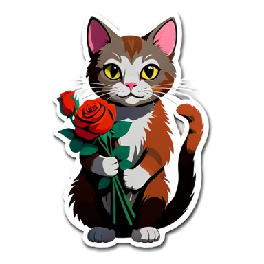A cat holding a bunch of roses sticker