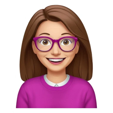 50 yr Caucasian woman, long brown hair parted on side, brown eyes, glasses, big smile, white teeth, fuscia sweater sticker