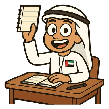 Edit the cartoon character to wear traditional Emirati attire and include the UAE flag, symbolizing class participation, with no background. sticker