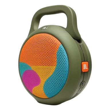 Highly minimalist JBL Clip 4 portable speaker, abstract shape with simplified camo spots, iOS emoji style sticker