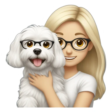 smiling girl with glasses with a white Maltese dog in her arms sticker