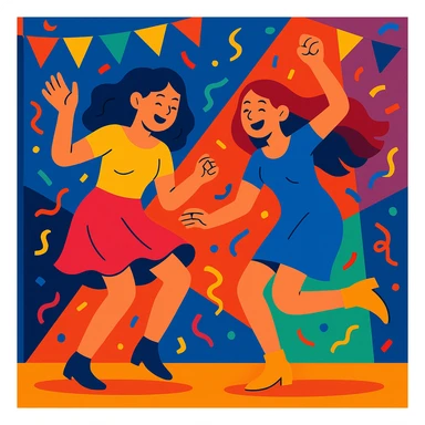 two girls dancing energetically at a party, celebration scene, vibrant, colorful, joyful sticker