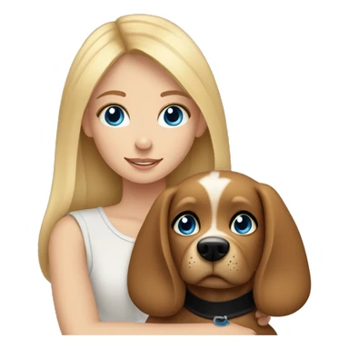 Blond girl with blue eyes cuddles a brown dog with black eyes  sticker