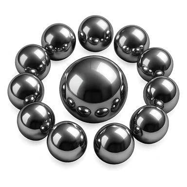 abstract chrome composition with multiple spheres forming a circle and a prominent sphere in the center, radiant and polished, no background sticker