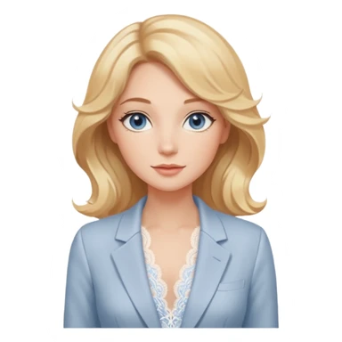 Telegram-style sticker pack of a gentle woman with fair skin, wavy honey-blonde hair, and calm gray-blue eyes. She wears blush lace lingerie and a white blazer, radiating warmth and confidence. Stickers are lively, bright, and expressive, with a soft romantic tone. sticker