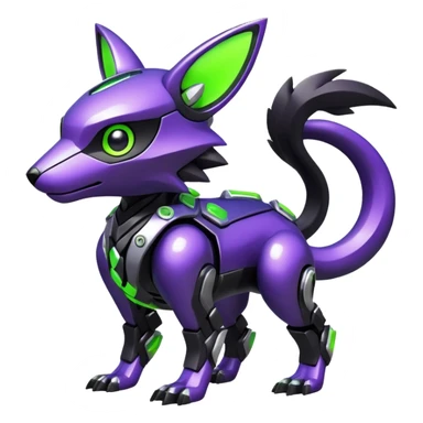 Futuristic modern mechanical badass cool shiny metallic alloy black-obsidian purple neon-green white lime animal hybrid Fakemon full body sticker
