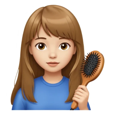 a girl with light skin and medium brown long hair with bangs who is brushing her hair with a hairbrush sticker