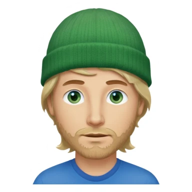 white man, mid thirties, blue eyes, mid length wavy hair, green beanie hat, stubble, face only sticker