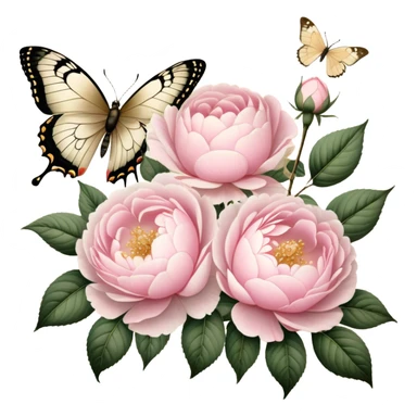 A vintage-inspired botanical illustration on aged parchment, featuring meticulously hand-drawn soft pink roses and lush white peonies with golden ink accents, while a pearl butterfly appears as if painted delicately onto the page.
 sticker