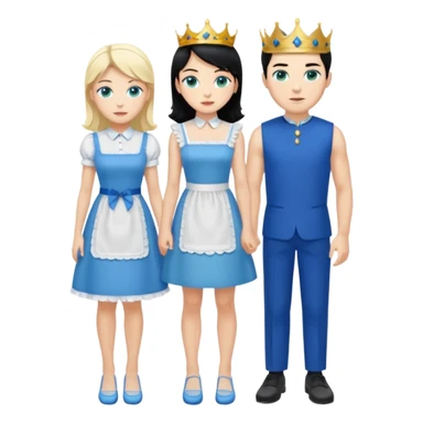 King, black hair, body, legst, blue eyes, blue garmont,  shoes, blonde maid, green eyes, sexy short sleveless White dress, shoes sticker