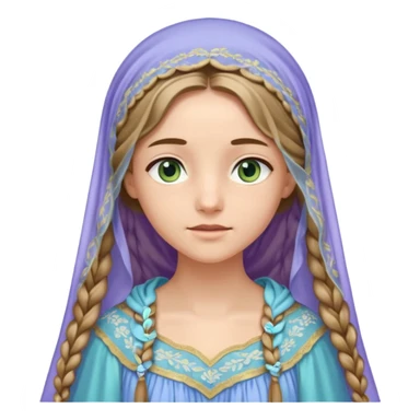 Joven de unos 20 años, de aspecto dulce y elegante.
Piel clara, ojos expresivos (pueden ser azules o verdes)
Rubio o castaño claro, largo, con trenzas o velo.
Vestido largo de tonos suaves (blanco, azul o lavanda), con bordados dorados; un manto o toca fina cubriendo la cabeza. sticker