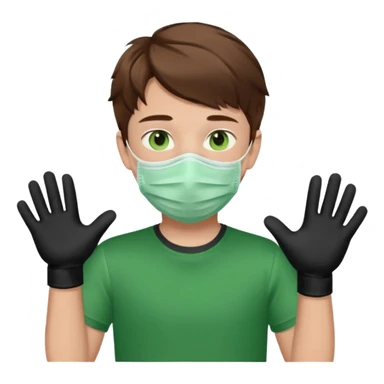 Chico de pelo marrón y ojos verdes, con un cubre boca, que tiene una camisa verde por encima de una remera blanca, y tiene un guante negro en una sola de las manos. Estilo animado sticker