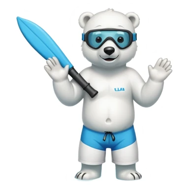 friendly anthropomorphised polar bear standing in a puddle of water, wearing board shorts, scuba mask over eyes with snorkel tube sticker