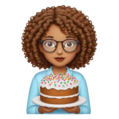 Brown Curly haired girl wearing glasses with a cake sticker