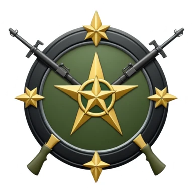 Insignia militar realista para videojuegos de guerra (estilo Delta Force), forma de escudo metálico con bordes desgastados. Incluye:

Símbolo: [fusiles cruzados / águila / estrellas / espada] Insignia redonda con fusil cruzado y una estrella, metal rayado, verde oliva y negro. sticker