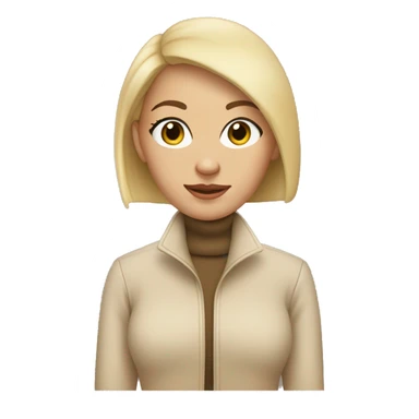 a bald girl wearing a white turtleneck sweater and a beige jacket out the sweater. She is bald sticker