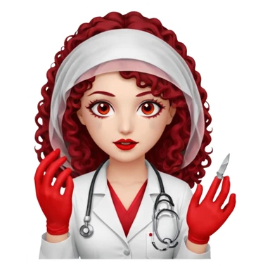 Lilith scalpel in hand, evil surgeon outfit.  She has red eyes. She has dark brown curly hair. Hair is long . Wears sexy doctor outfit with red gloves. Covers nose, neck and mouth with Muslims  sticker