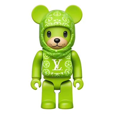 bearbrick toy wearing a lime green balaclava with LV monogram pattern sticker