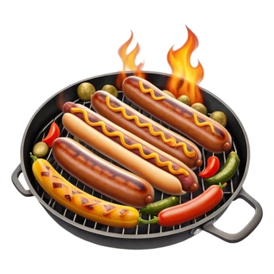 Cinematic Realistic Sausage Sizzle Dish Emoji, featuring sizzling sausages cooking over an open flame rendered with dynamic textures and warm, smoky lighting. sticker