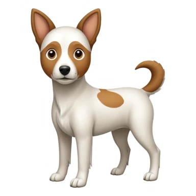 a full body large white floppy eared parson russell looking dog the size of a kelpie with light brown ears and a light brown patch on one eye and a large snout sticker