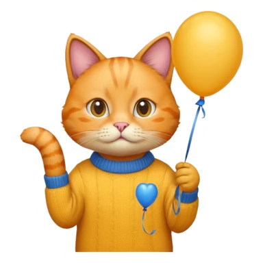 orange Cat hold blue balloon, yellow sweater sticker