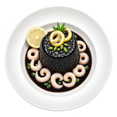 cinematic-realistic-black-risotto-dish,-showcasing-small squid pieces in black sauce -rendered-with-bold-textures-and-dynamic,-dramatic-lighting in a white plate with a grilled lemon on top sticker