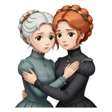 Two Victorian women in a sad intimate hug, one with white coiffed hair and one with copper coiffed hair, both with grey eyes, wearing Victorian turtleneck dresses sticker