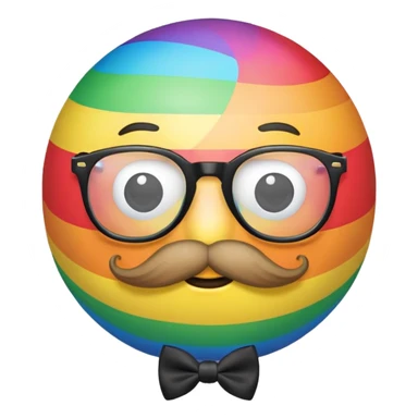 a rainbow ball with no nose  with a mustache and glasses and a bow tie sticker