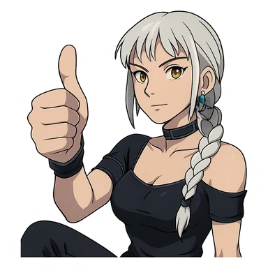  she is throwing a huge emphatic thumbs up, a closeup portrait of young woman with gold yellow eyes, white hair, long braid, black off-shoulder top d-cup, punk gothic style, futuristic cyberwave cyberpunk, sitting position
 sticker