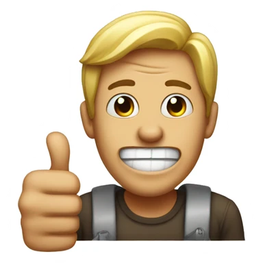 Man with mocking open mouth smile and with a thumbs up sticker