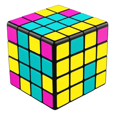 A 3x3 Rubik's Cube with 90s American graffiti-inspired colors, black edges, viewed from an angle, neon yellow, teal, and magenta sticker