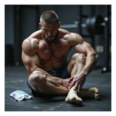European powerlifter in competition clothing, sitting on the gym floor holding knee with acute pain expression, ice pack and bandage nearby, injury atmosphere, realistic details, gym background. sticker