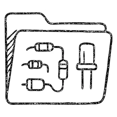 hand-drawn outlined folder icon with electric parts, sketchy style, visible resistors and capacitors sticker