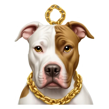A dog pitbull and wearing big gold chain on that says G sticker